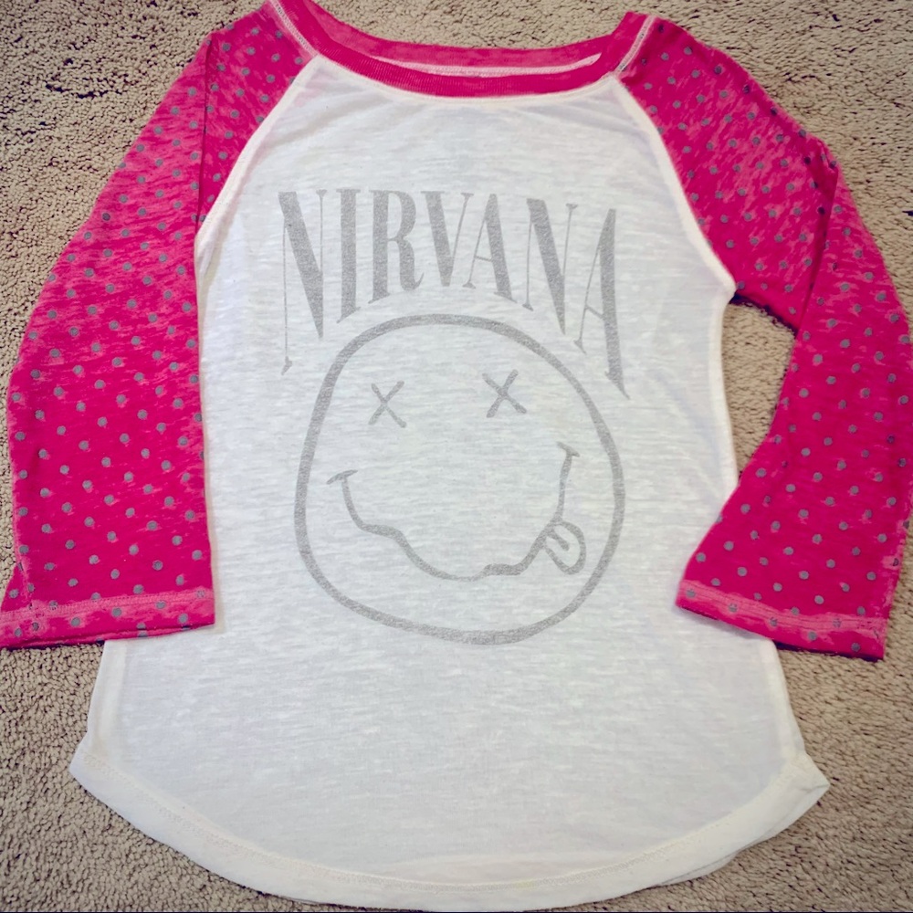GIRLS 5T NIRVANA LONG SLEEVE SHIRT BASEBALL/RAGLAN STYLE PINK AND WHITE CUTE!!! - Picture 1 of 2
